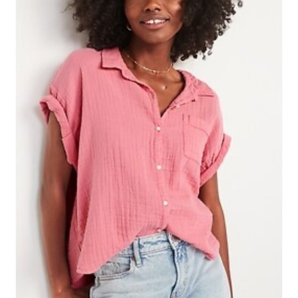 Old Navy Dried Rose Pink 100% Cotton Crinkled Button Down Shirt Women's Large